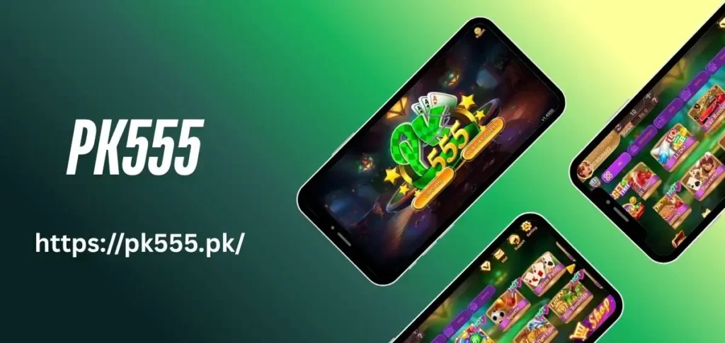 PK555 casino app interface with login screen and game icons on mobile phones